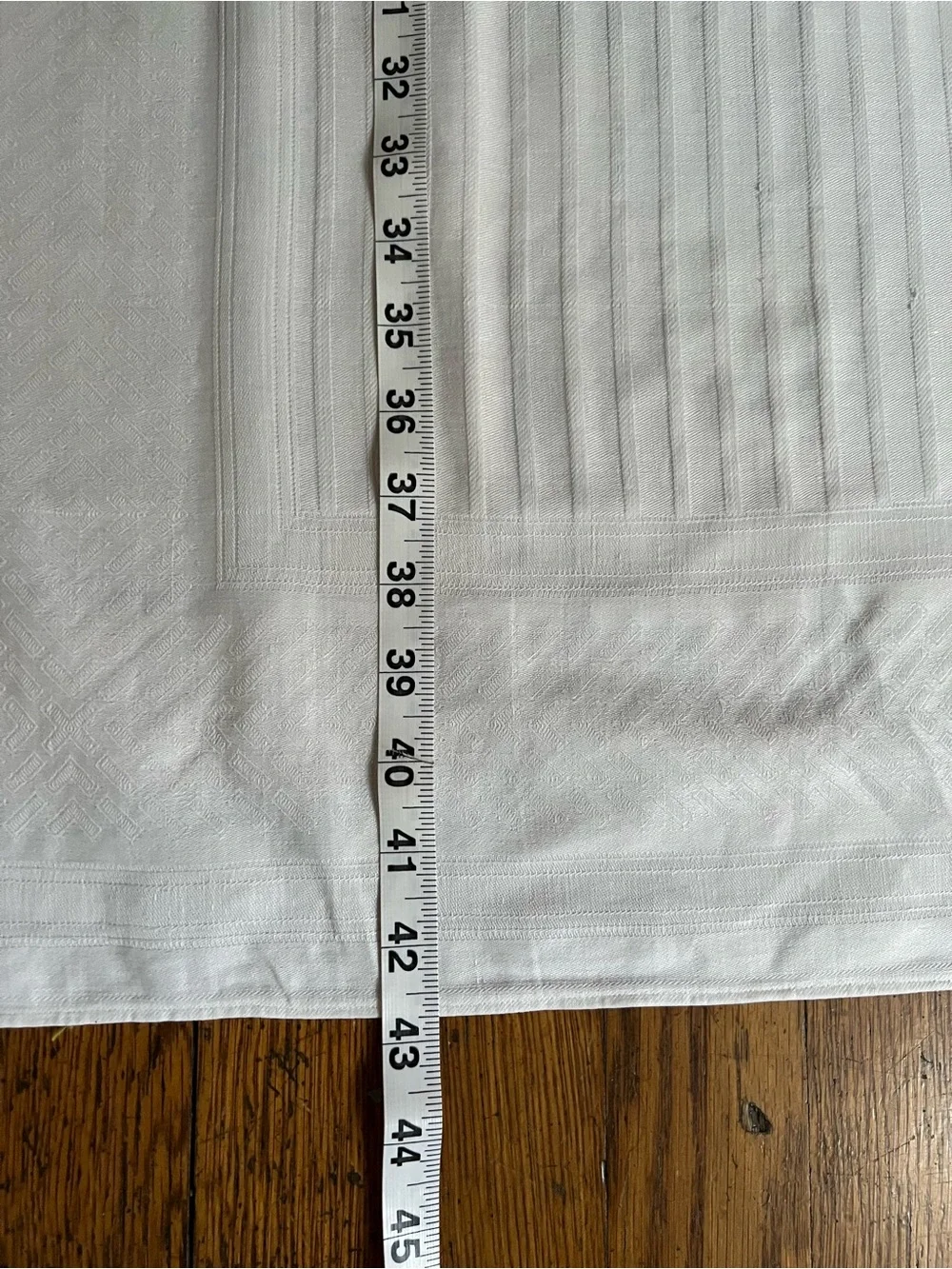 Vintage linen White work striped Tablecloth with decorative border 43 in square.